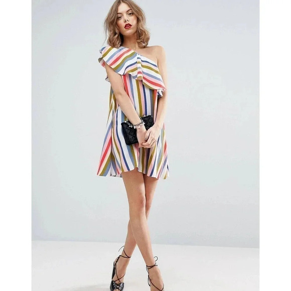 ASOS Stripe Ruffle One Shoulder Mini Dress Size 8. - Picture 2 of 7